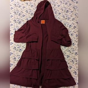 Burgundy long Modcloth ruffled cardigan